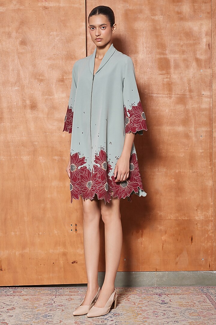 Sage Green Double Crepe Flared Cocktail Dress by Shahin Mannan at Pernia's Pop Up Shop
