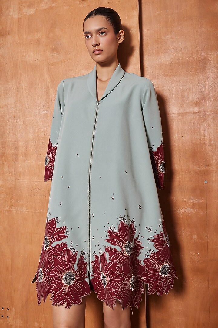 Sage Green Double Crepe Flared Cocktail Dress by Shahin Mannan at Pernia's Pop Up Shop