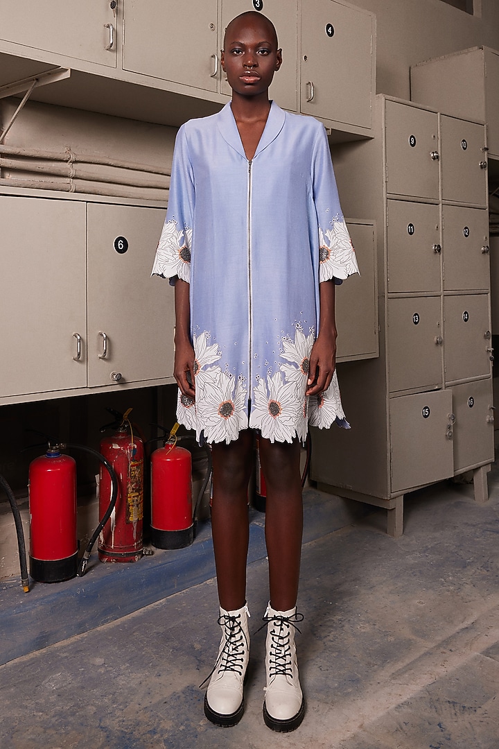 Powder Blue Chanderi Flared Cocktail Dress by Shahin Mannan at Pernia's Pop Up Shop