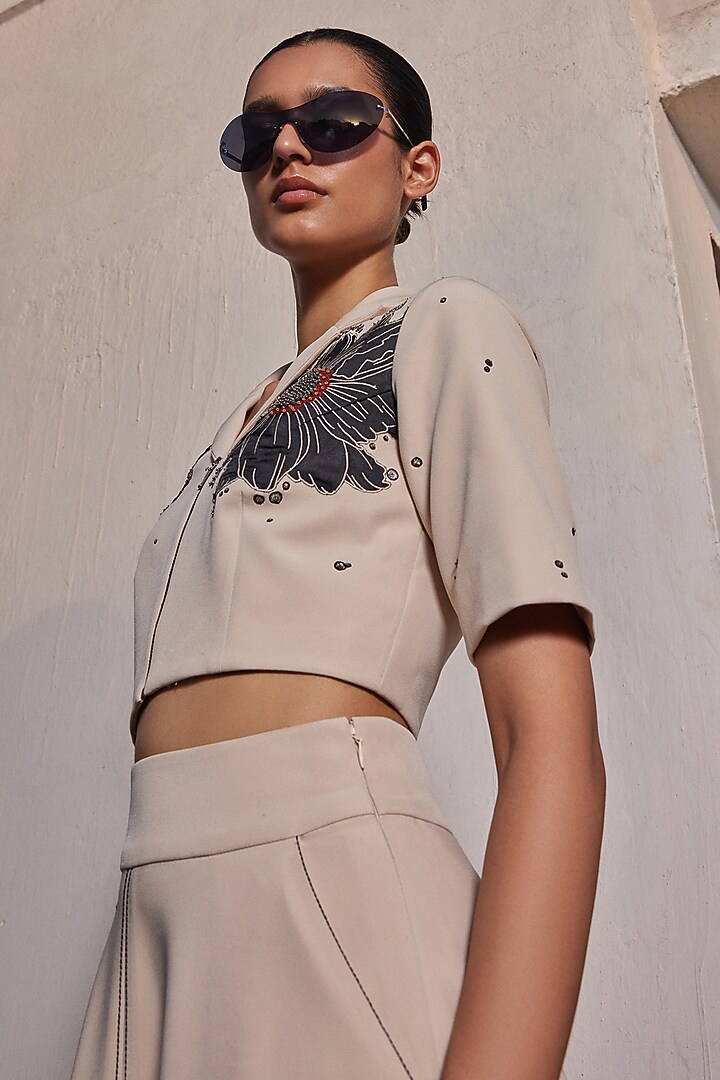 Beige Double Crepe Circular Skirt Set by Shahin Mannan at Pernia's Pop Up Shop