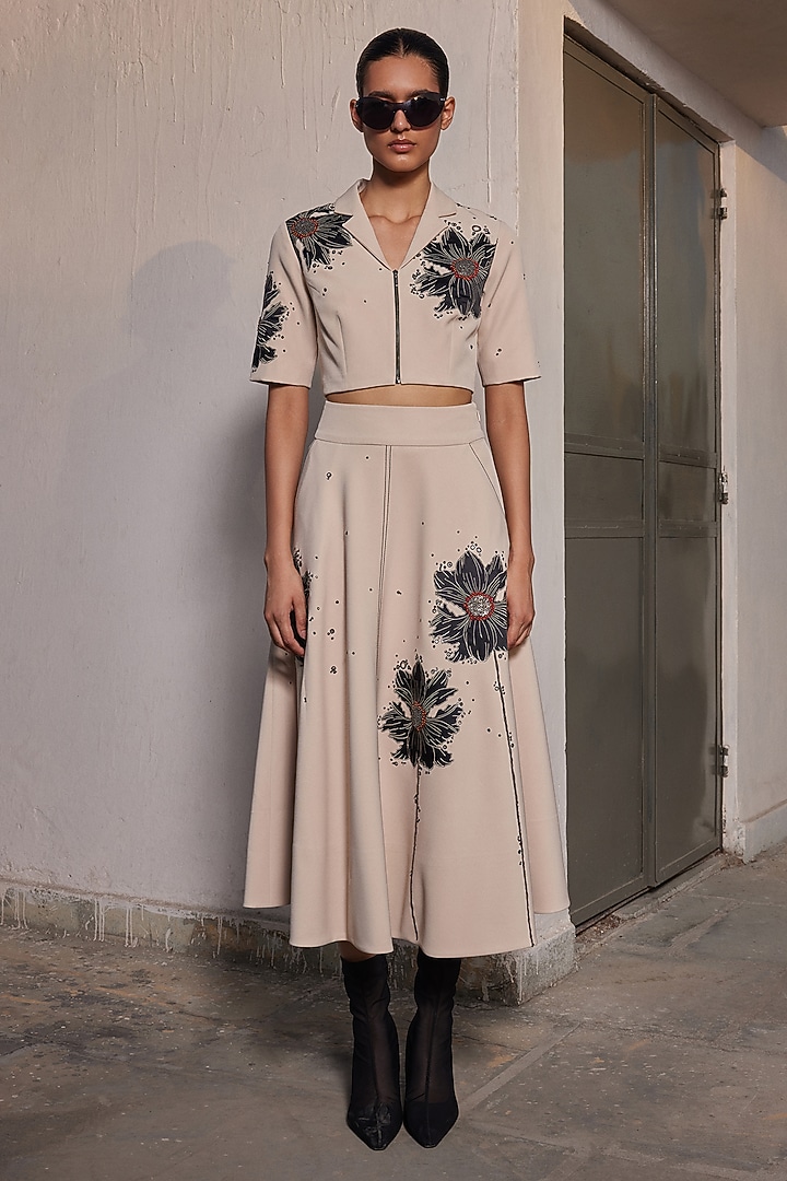 Beige Double Crepe Floral Crop Top by Shahin Mannan at Pernia's Pop Up Shop