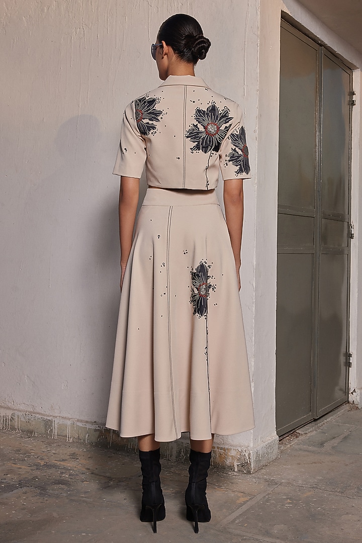 Beige Double Crepe Floral Crop Top by Shahin Mannan at Pernia's Pop Up Shop