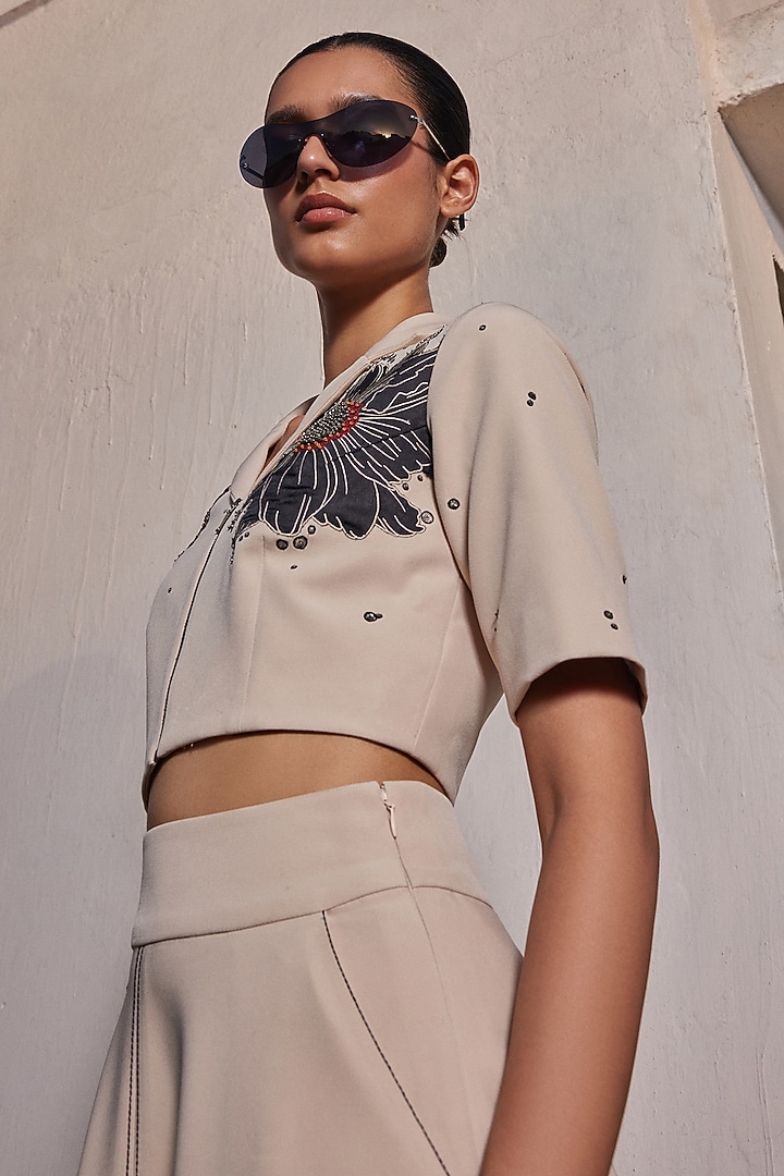 Beige Double Crepe Floral Crop Top by Shahin Mannan at Pernia's Pop Up Shop