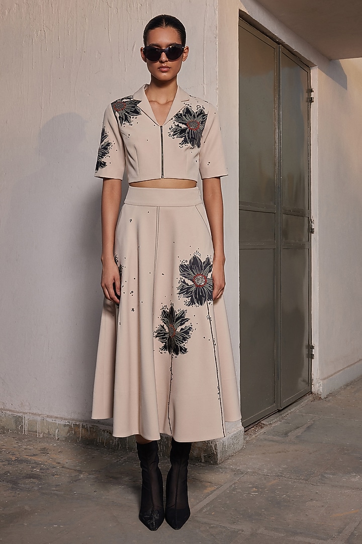 Beige Double Crepe Circular Skirt by Shahin Mannan at Pernia's Pop Up Shop