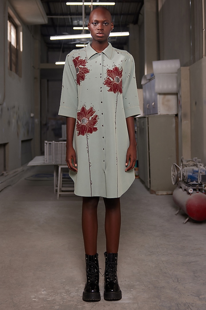 Sage Green Double Crepe A-Line Cocktail Shirt Dress by Shahin Mannan at Pernia's Pop Up Shop