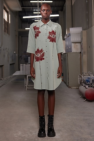 Sage Green Double Crepe A-Line Shirt Dress by Shahin Mannan