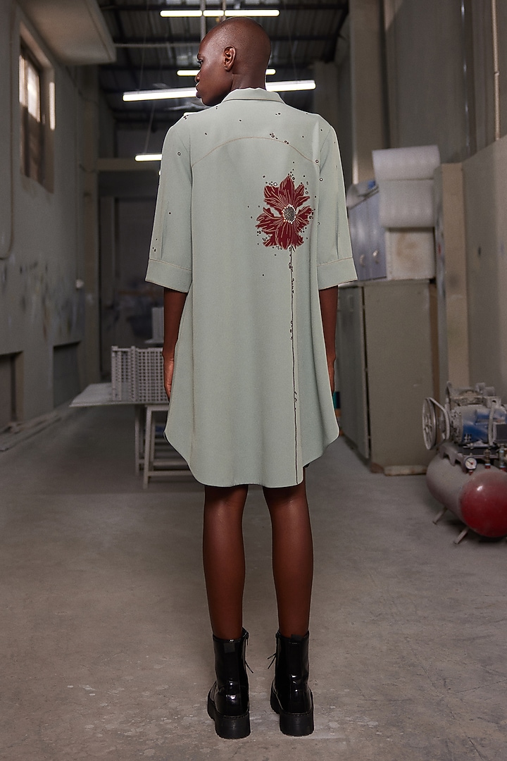 Sage Green Double Crepe A-Line Cocktail Shirt Dress by Shahin Mannan at Pernia's Pop Up Shop