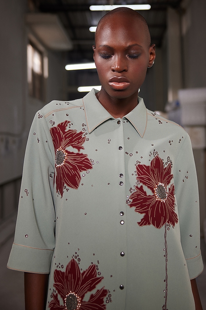 Sage Green Double Crepe A-Line Cocktail Shirt Dress by Shahin Mannan at Pernia's Pop Up Shop