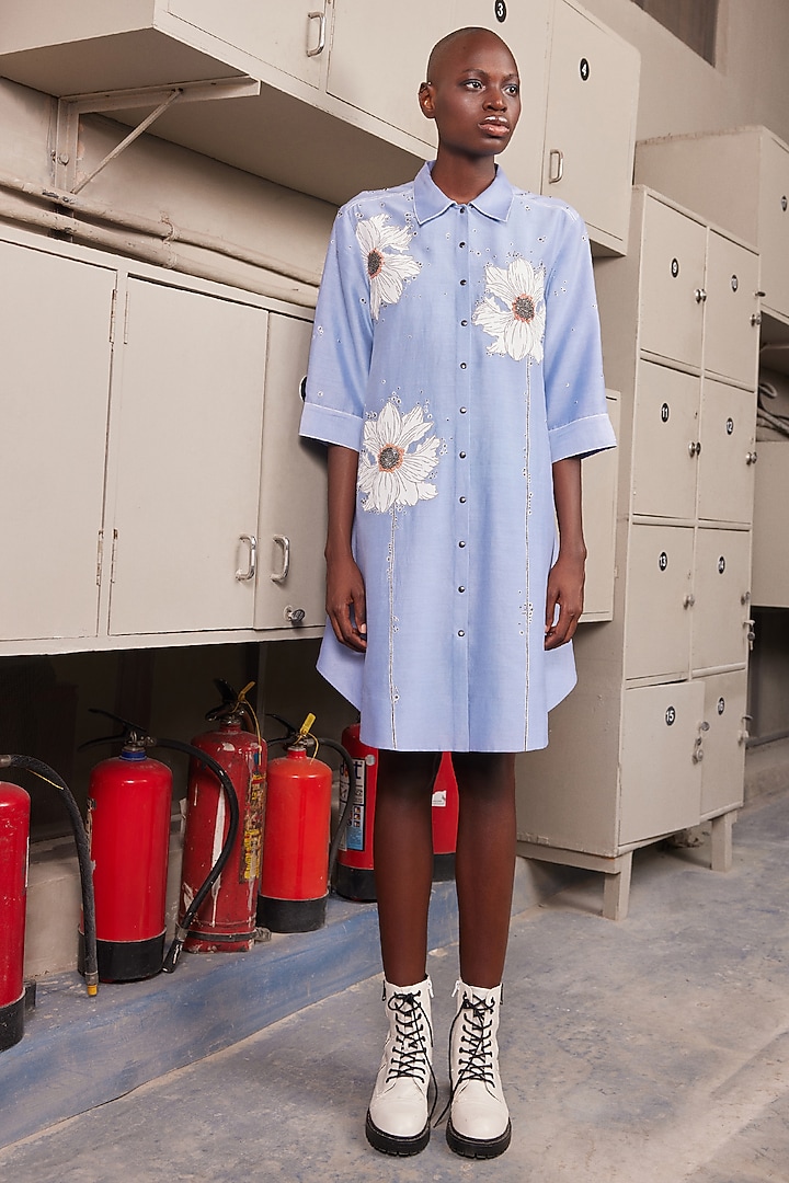 Light Blue Chanderi A-Line Cocktail Shirt Dress by Shahin Mannan at Pernia's Pop Up Shop