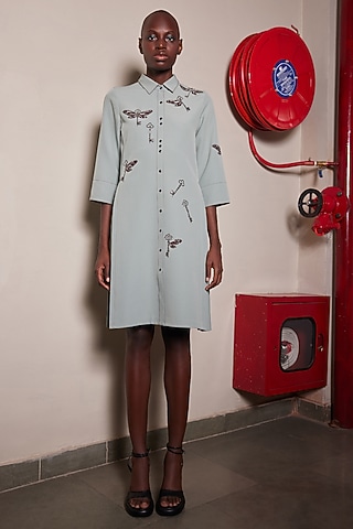 Sage Green Double Crepe Pleated Shirt Dress by Shahin Mannan