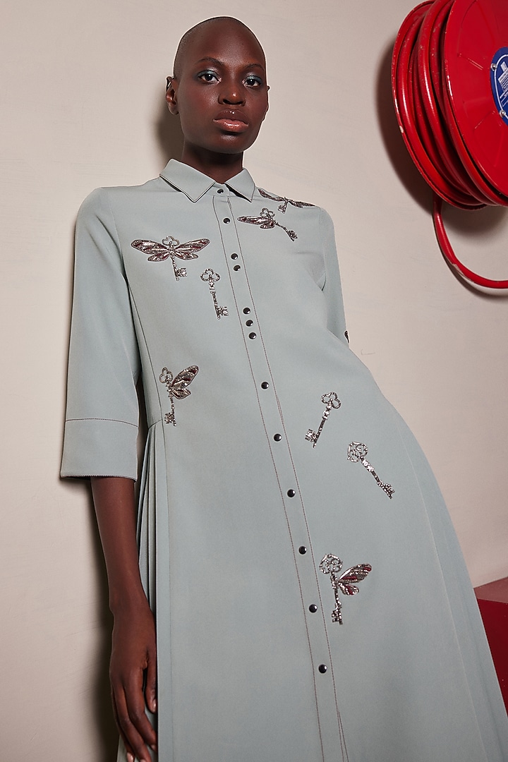 Sage Green Double Crepe Pleated Vacation Shirt Dress by Shahin Mannan at Pernia's Pop Up Shop