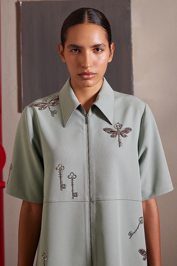 Sage Green Double Crepe Shift Vacation Dress by Shahin Mannan at Pernia's Pop Up Shop