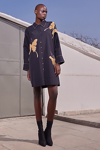 Black Poplin Oversized Shirt Dress by Shahin Mannan