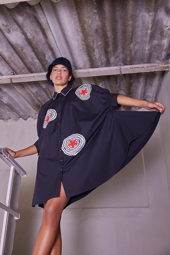 Black Poplin Gathered Vacation Shirt Dress by Shahin Mannan at Pernia's Pop Up Shop