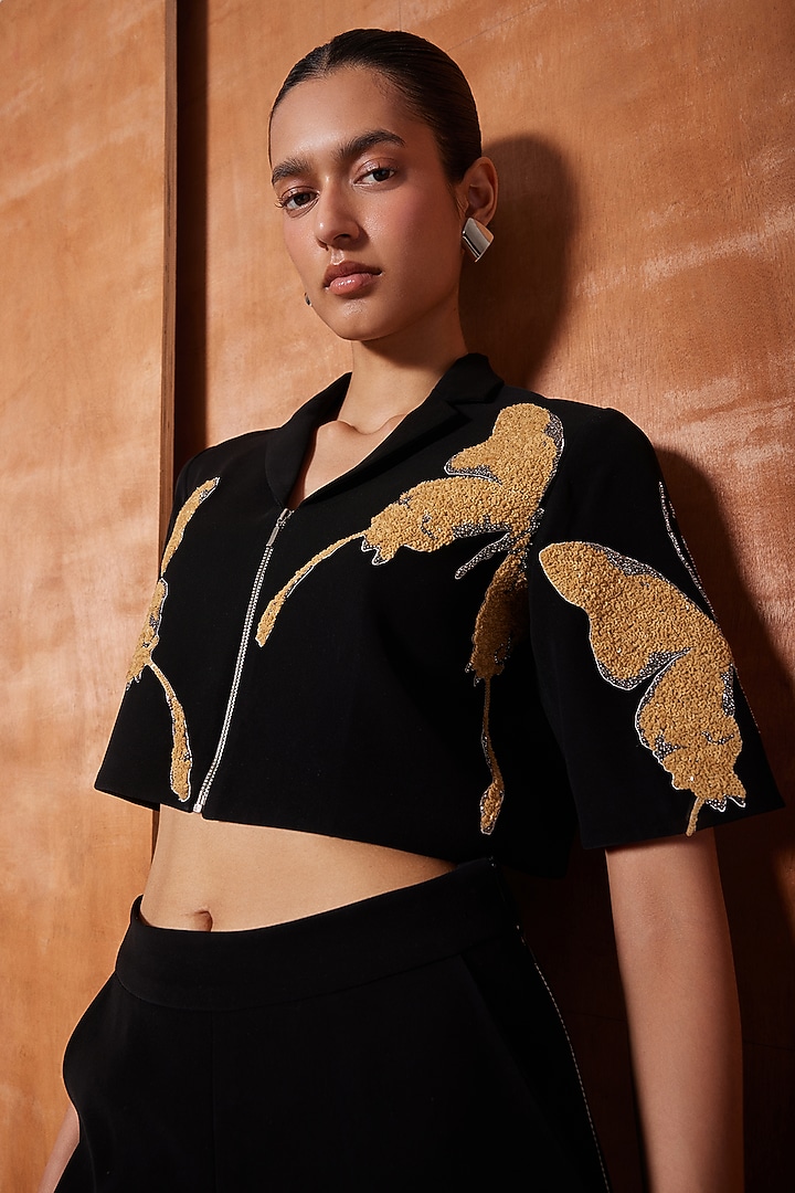 Black Japanese Crepe Cropped Shirt by Shahin Mannan at Pernia's Pop Up Shop