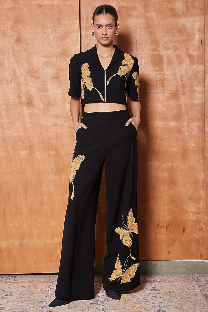 Black Japanese Crepe Cropped Shirt by Shahin Mannan at Pernia's Pop Up Shop
