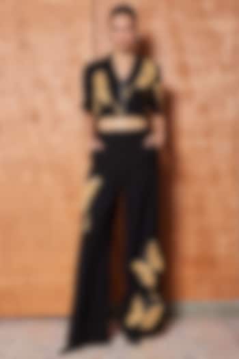 Black Japanese Crepe Flared Pants by Shahin Mannan at Pernia's Pop Up Shop