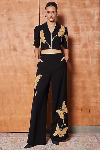 Black Japanese Crepe Flared Pants by Shahin Mannan