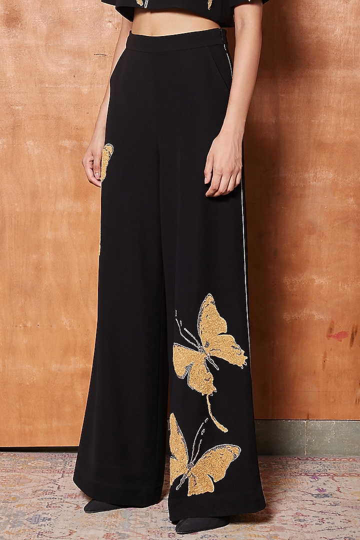 Black Japanese Crepe Flared Pants by Shahin Mannan at Pernia's Pop Up Shop