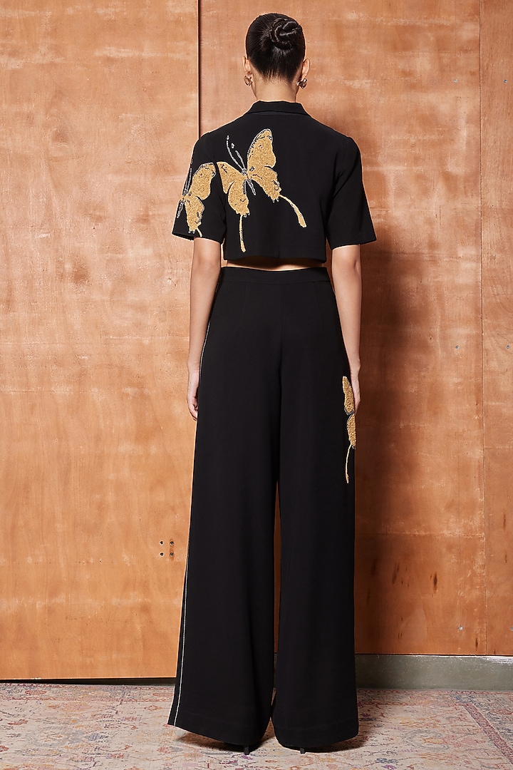 Black Japanese Crepe Flared Pants by Shahin Mannan at Pernia's Pop Up Shop