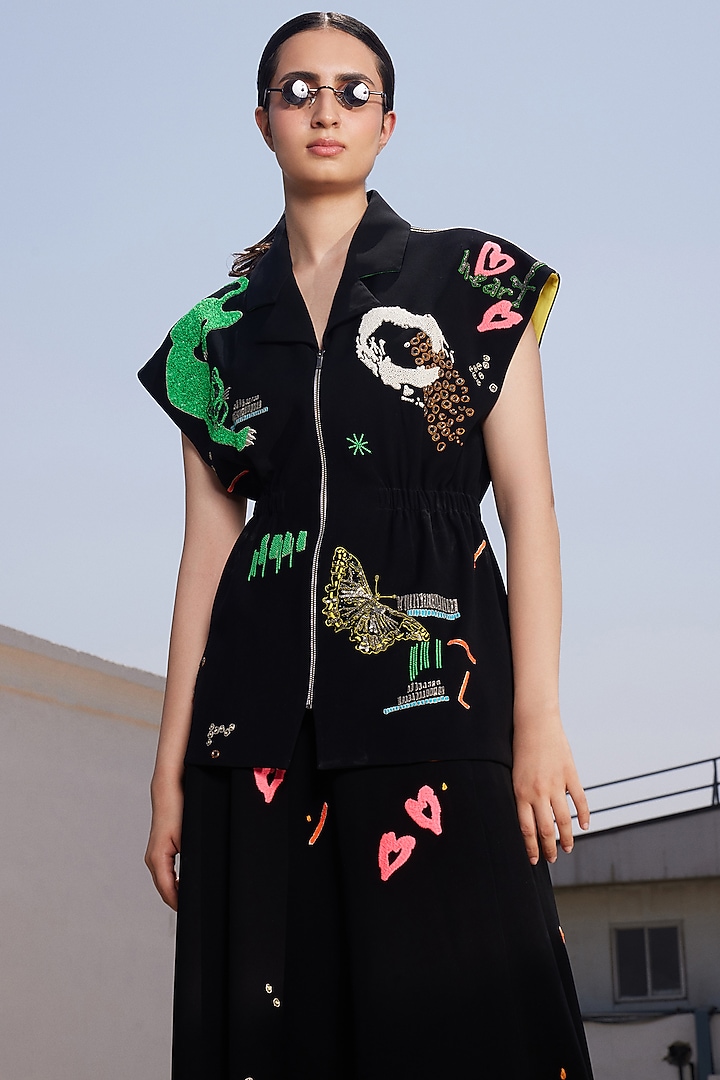 Black Japanese Crepe Funky Panther Robe Jacket by Shahin Mannan at Pernia's Pop Up Shop