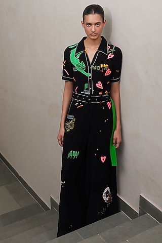 Black Japanese Crepe Jumpsuit by Shahin Mannan