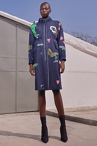 Blue Japanese Crepe Dress by Shahin Mannan