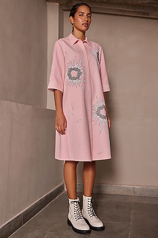 Flamingo Pink Twill Denim Flared Dress by Shahin Mannan