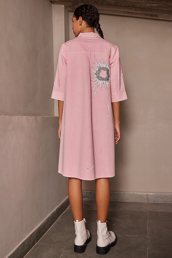 Flamingo Pink Twill Denim Flared Cocktail Dress by Shahin Mannan at Pernia's Pop Up Shop