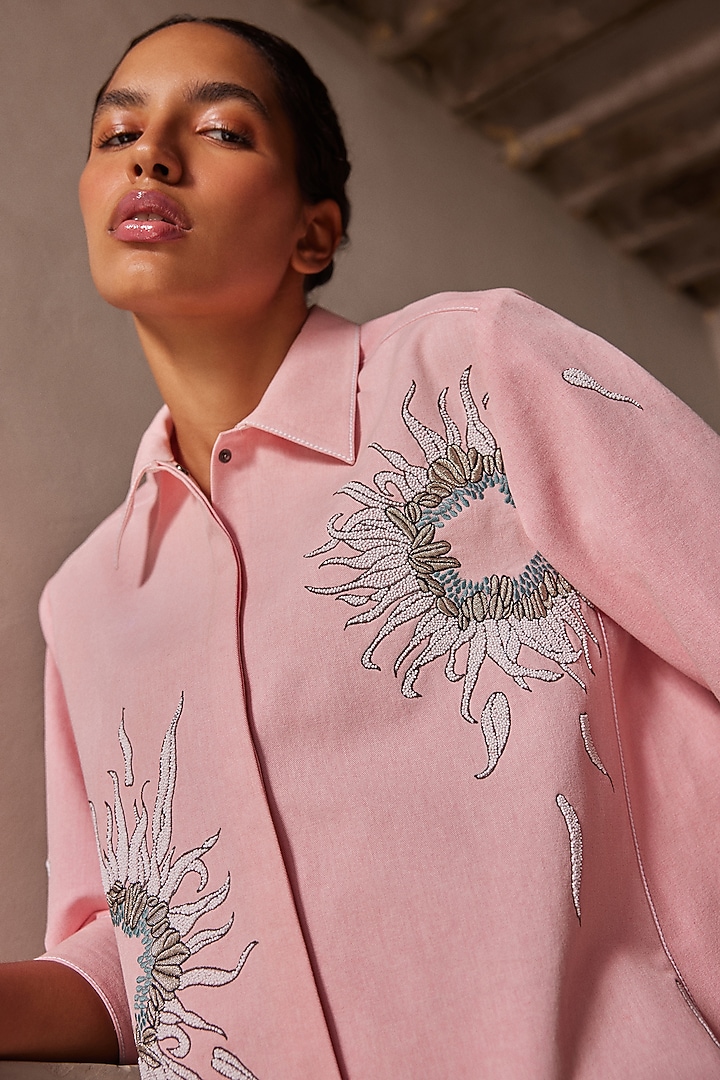 Flamingo Pink Twill Denim Flared Cocktail Dress by Shahin Mannan at Pernia's Pop Up Shop