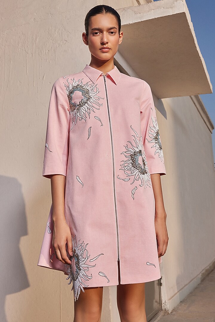 Flamingo Pink Twill Denim Cocktail Shirt Dress by Shahin Mannan at Pernia's Pop Up Shop