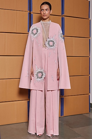 Flamingo Pink Twill Denim Cape by Shahin Mannan