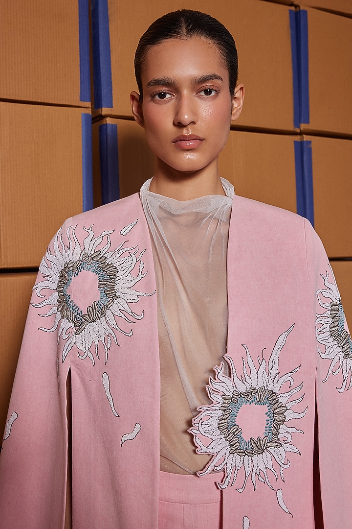 Flamingo Pink Twill Denim Cape by Shahin Mannan at Pernia's Pop Up Shop