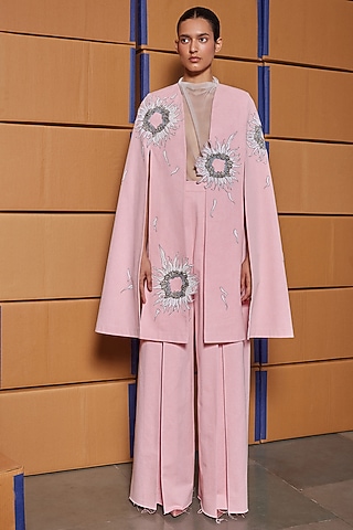 Flamingo Pink Twill Denim Pleated Pants by Shahin Mannan