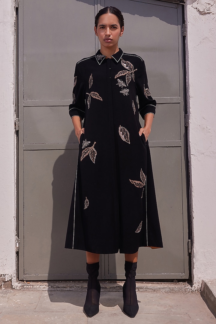 Black Japanese Crepe Flared Cocktail Dress by Shahin Mannan at Pernia's Pop Up Shop