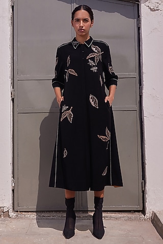 Black Japanese Crepe Flared Dress by Shahin Mannan