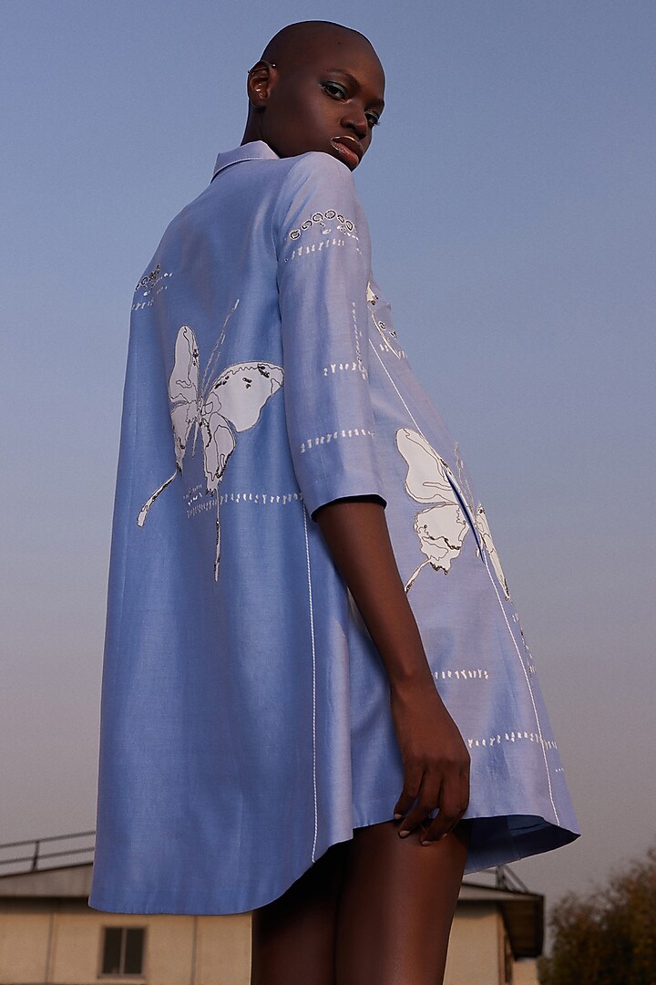 Light Blue Silk Chanderi Cocktail Shirt Dress by Shahin Mannan at Pernia's Pop Up Shop