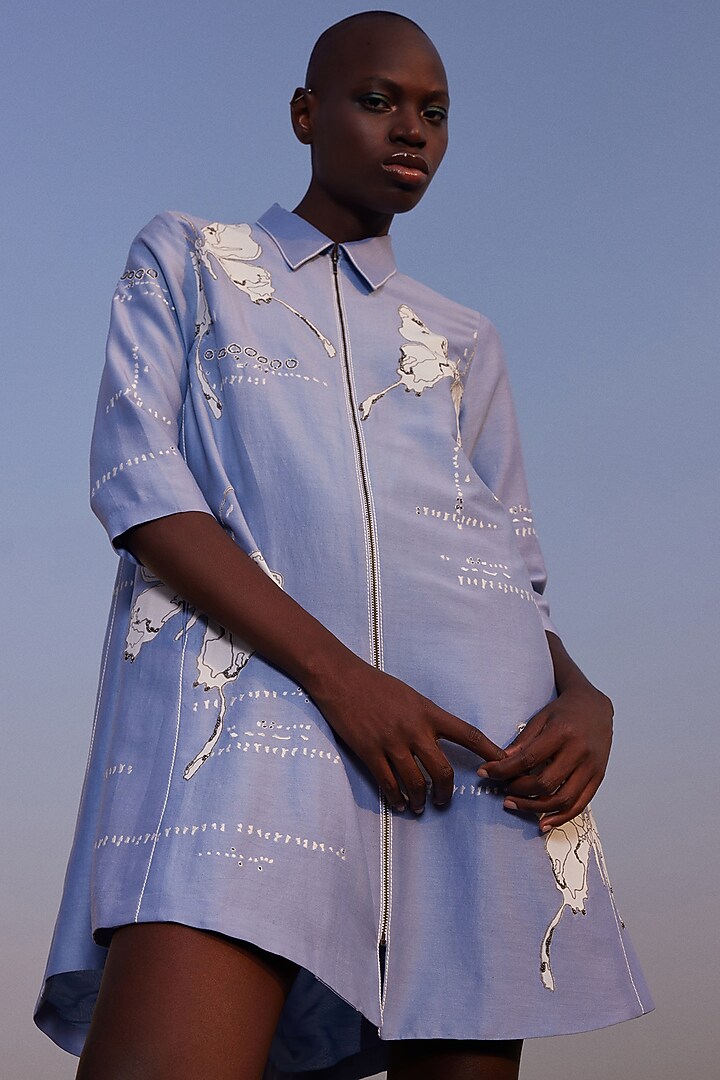Light Blue Silk Chanderi Cocktail Shirt Dress by Shahin Mannan at Pernia's Pop Up Shop