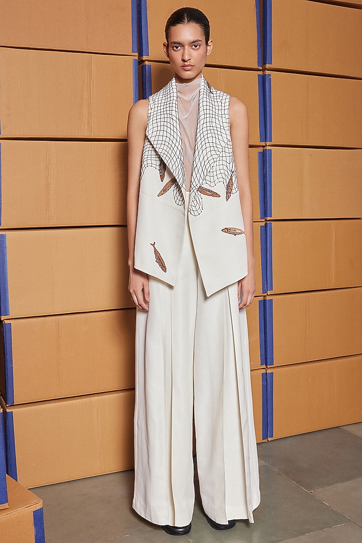 Ivory Silk Twill Jacket Set by Shahin Mannan at Pernia's Pop Up Shop