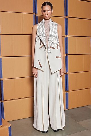Ivory Silk Twill Pleated Pant by Shahin Mannan