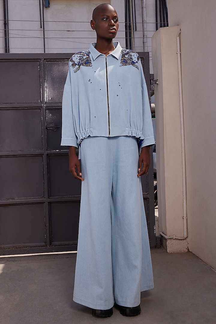 Light Blue Thin Washed Denim Shacket Set by Shahin Mannan at Pernia's Pop Up Shop