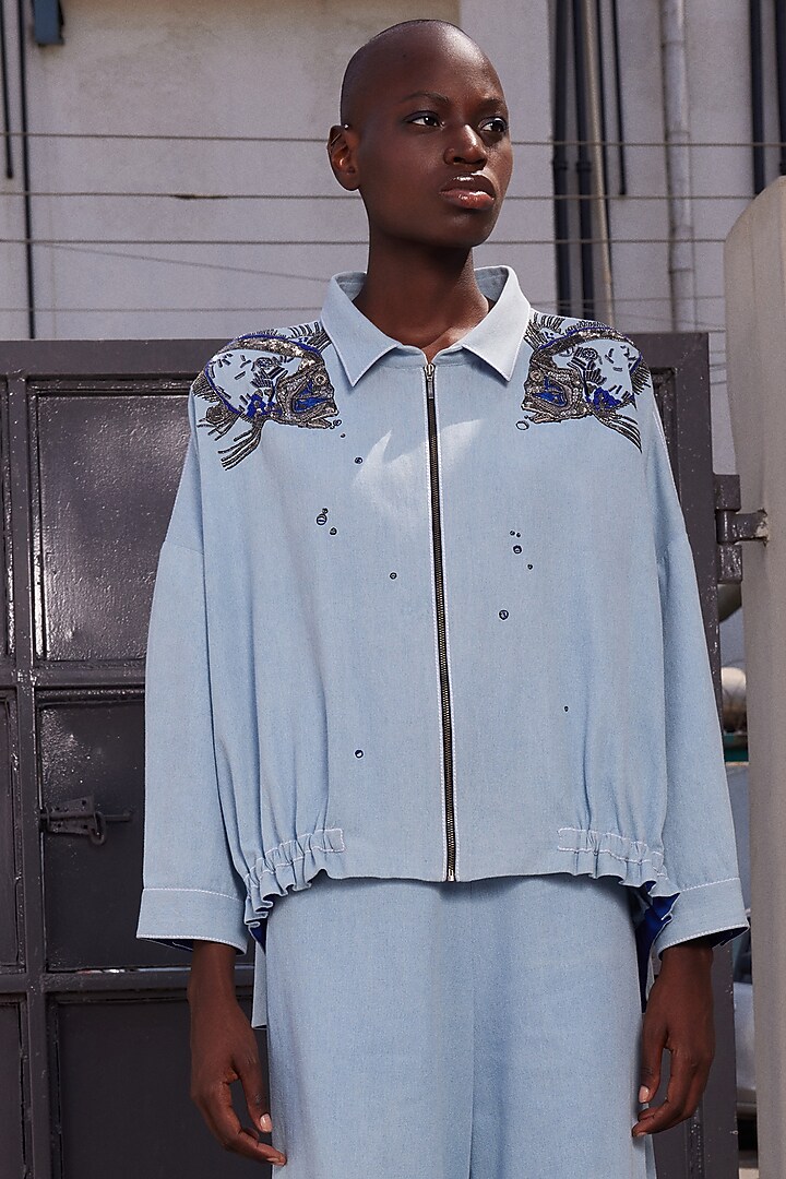 Light Blue Thin Washed Denim Shacket Set by Shahin Mannan at Pernia's Pop Up Shop