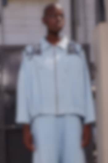 Light Blue Thin Washed Denim Shacket by Shahin Mannan at Pernia's Pop Up Shop