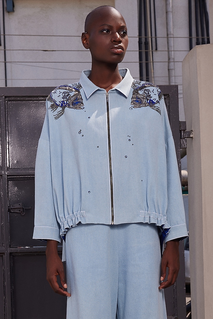 Light Blue Thin Washed Denim Shacket by Shahin Mannan at Pernia's Pop Up Shop