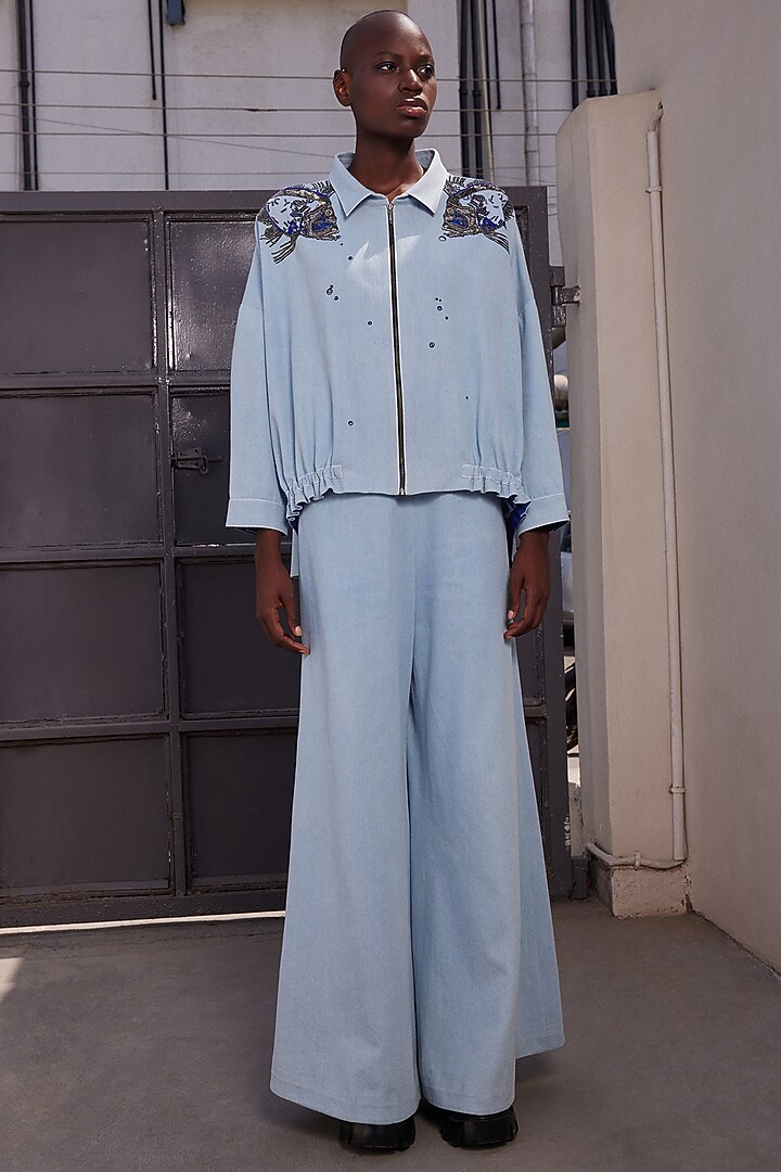 Light Blue Thin Washed Denim Shacket by Shahin Mannan at Pernia's Pop Up Shop