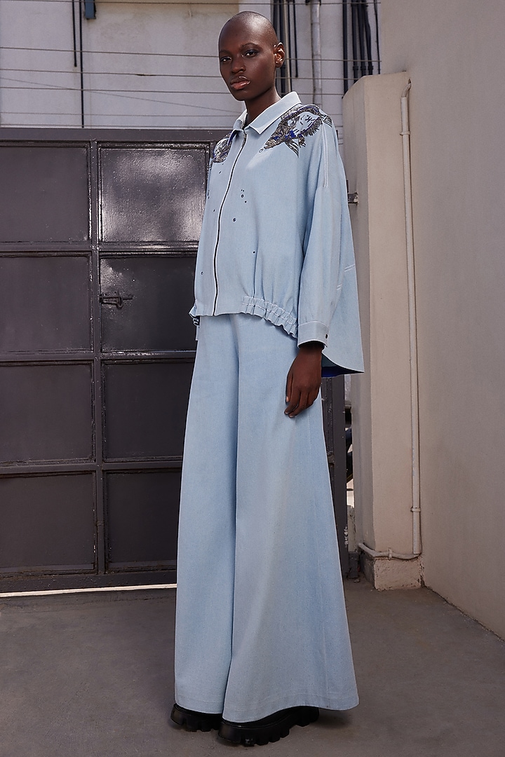 Light Blue Thin Washed Denim Shacket by Shahin Mannan at Pernia's Pop Up Shop