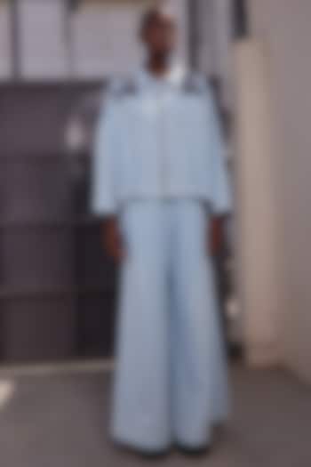 Light Blue Thin Washed Denim Flared Pants by Shahin Mannan at Pernia's Pop Up Shop