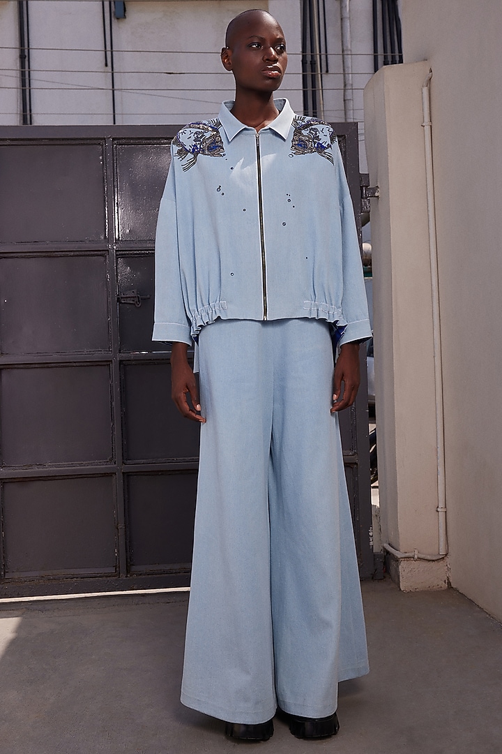 Light Blue Thin Washed Denim Flared Pants by Shahin Mannan at Pernia's Pop Up Shop