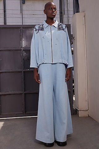 Light Blue Thin Washed Denim Flared Pants by Shahin Mannan