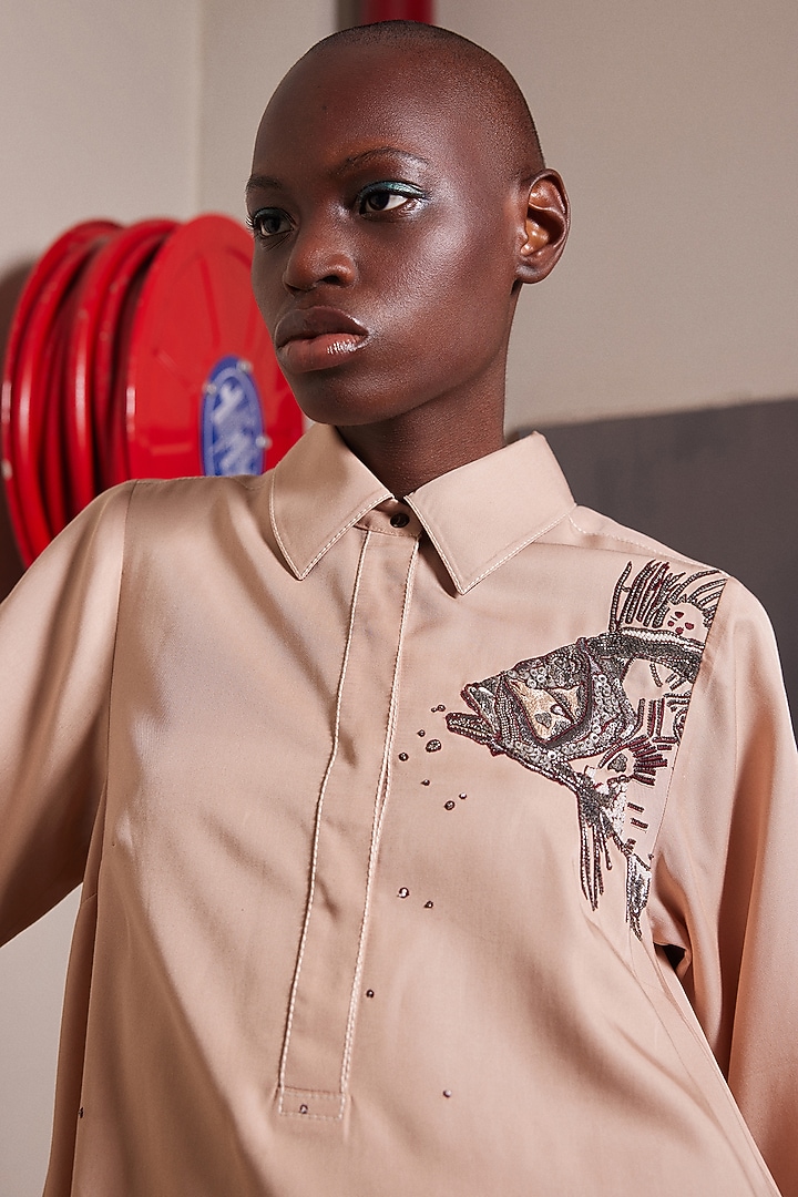 Warm Sand-Colored Tencel Twill Tunic by Shahin Mannan at Pernia's Pop Up Shop